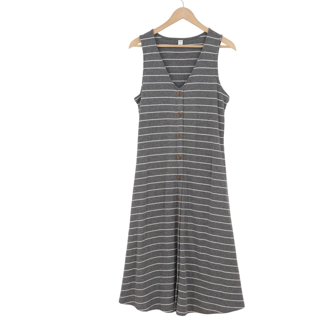 Old Navy Womens Grey White Striped Ribbed Button Front V-Neck Midi Dress Large