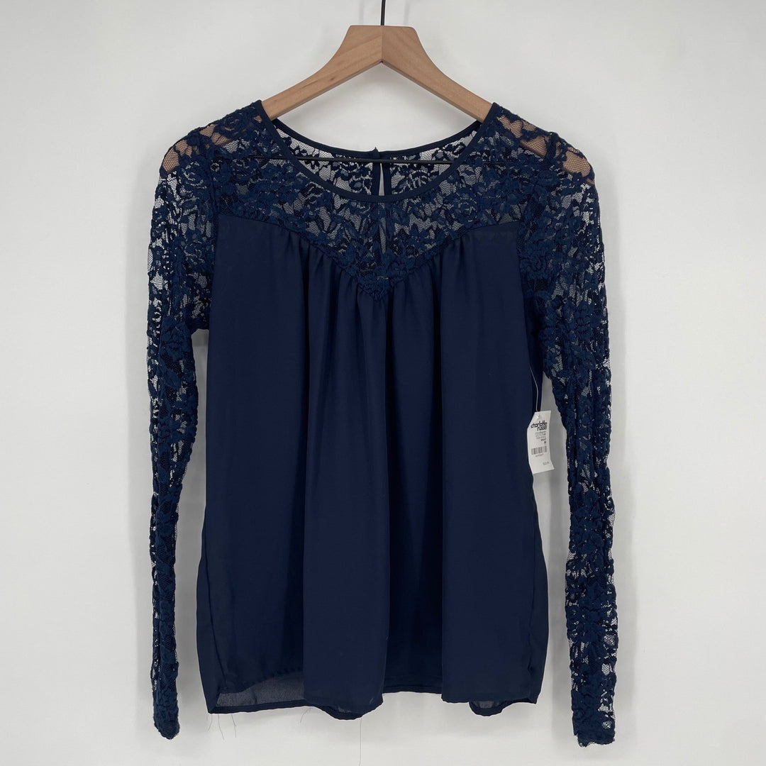 Charlotte Russe Navy Blue Lace Sleeve Gathered Neck Blouse Top Women's Medium