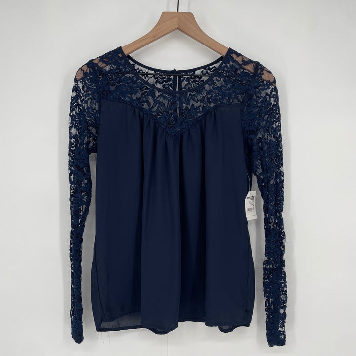 Charlotte Russe Navy Blue Lace Sleeve Gathered Neck Blouse Top Women's Medium