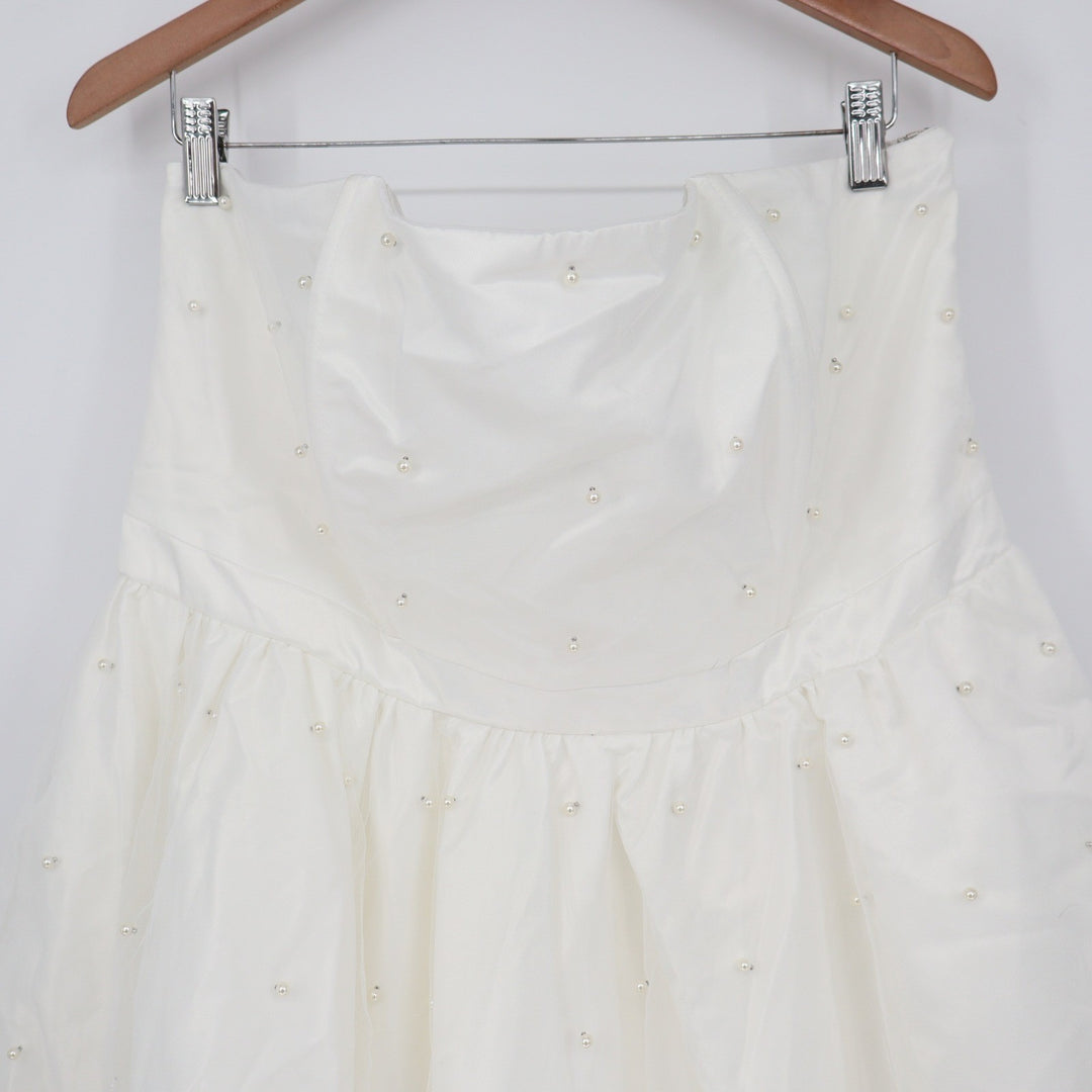 Showpo Cailene Mini Dress Ivory Strapless Pearl Bow Train Fit Flare US 16 NEW
