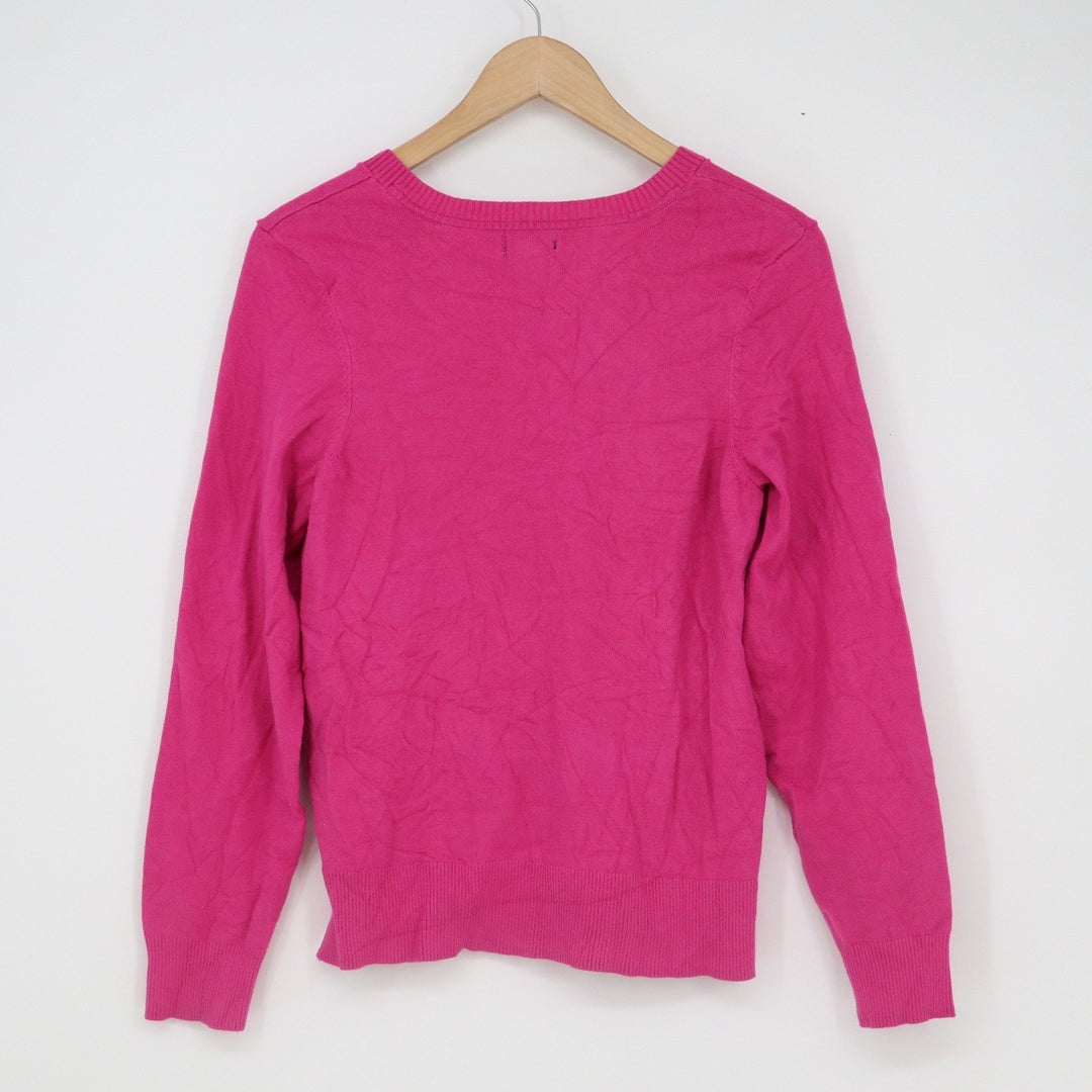 US Polo Assn Womens V-Neck Sweater Fuchsia Pink Blue Logo Rayon Blend Large