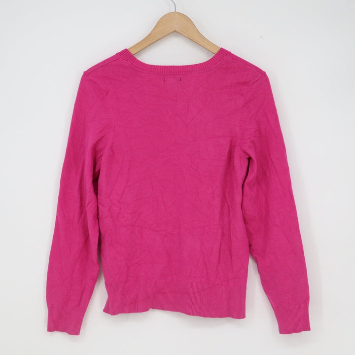 US Polo Assn Womens V-Neck Sweater Fuchsia Pink Blue Logo Rayon Blend Large