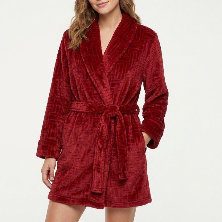 Tommy Hilfiger Debossed Plush Robe Women S/M Regatta Red Waist Belt Shawl Collar