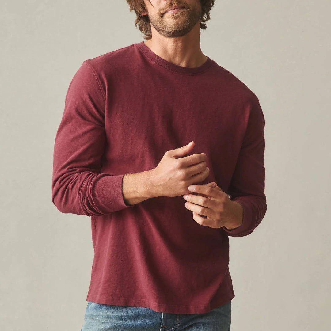 American Giant T-Shirt Mens M Burgundy Ribbed Long Sleeve Front Pocket Crew Neck