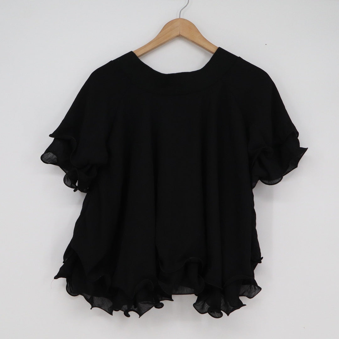 Unbranded Black Ruffle Hem Short Sleeve V-Neck Blouse Relaxed Fit Top Womens