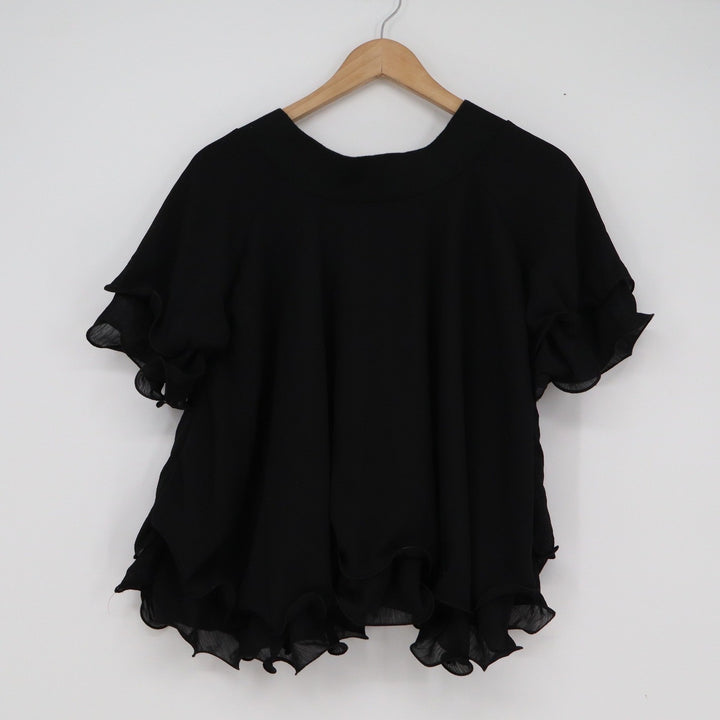 Unbranded Black Ruffle Hem Short Sleeve V-Neck Blouse Relaxed Fit Top Womens