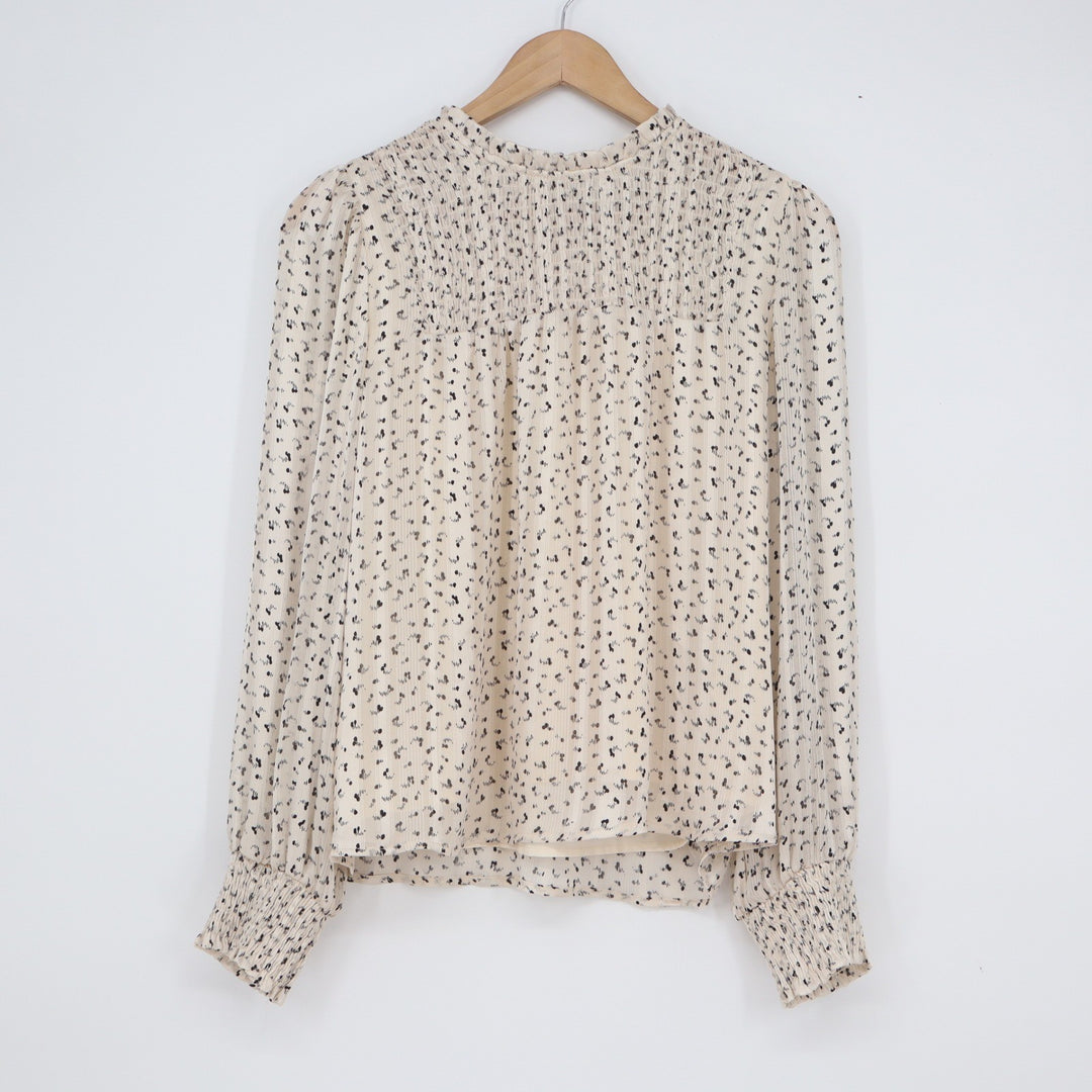 Neo Noir Emma Spray Dot Blouse Cream Black Smocked High Neck Size 34