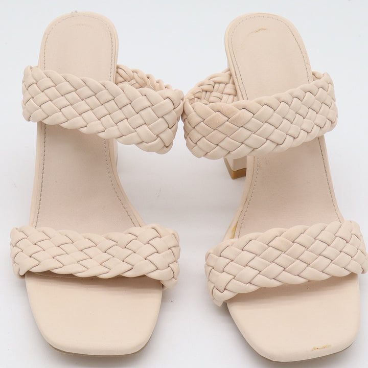 Cream Braided Double Strap Mule Heels Square Toe Block Heel Sandal Beige