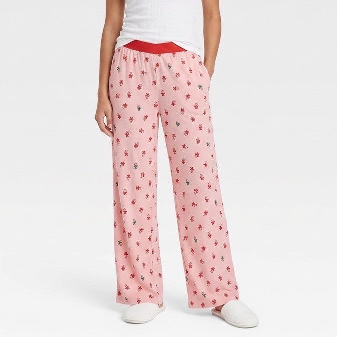 Womens Pajama Pants Small Baby Pink Red Bow Allover Print Stretch Straight Leg