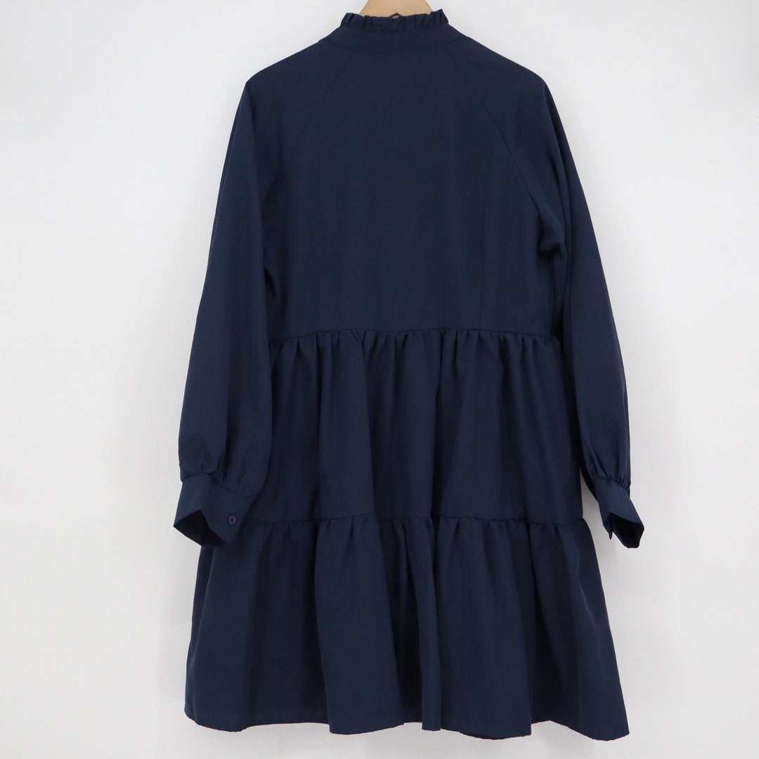 SHEIN Navy Blue Tiered Babydoll Mini Dress Ruffle Neck Long Sleeve Large