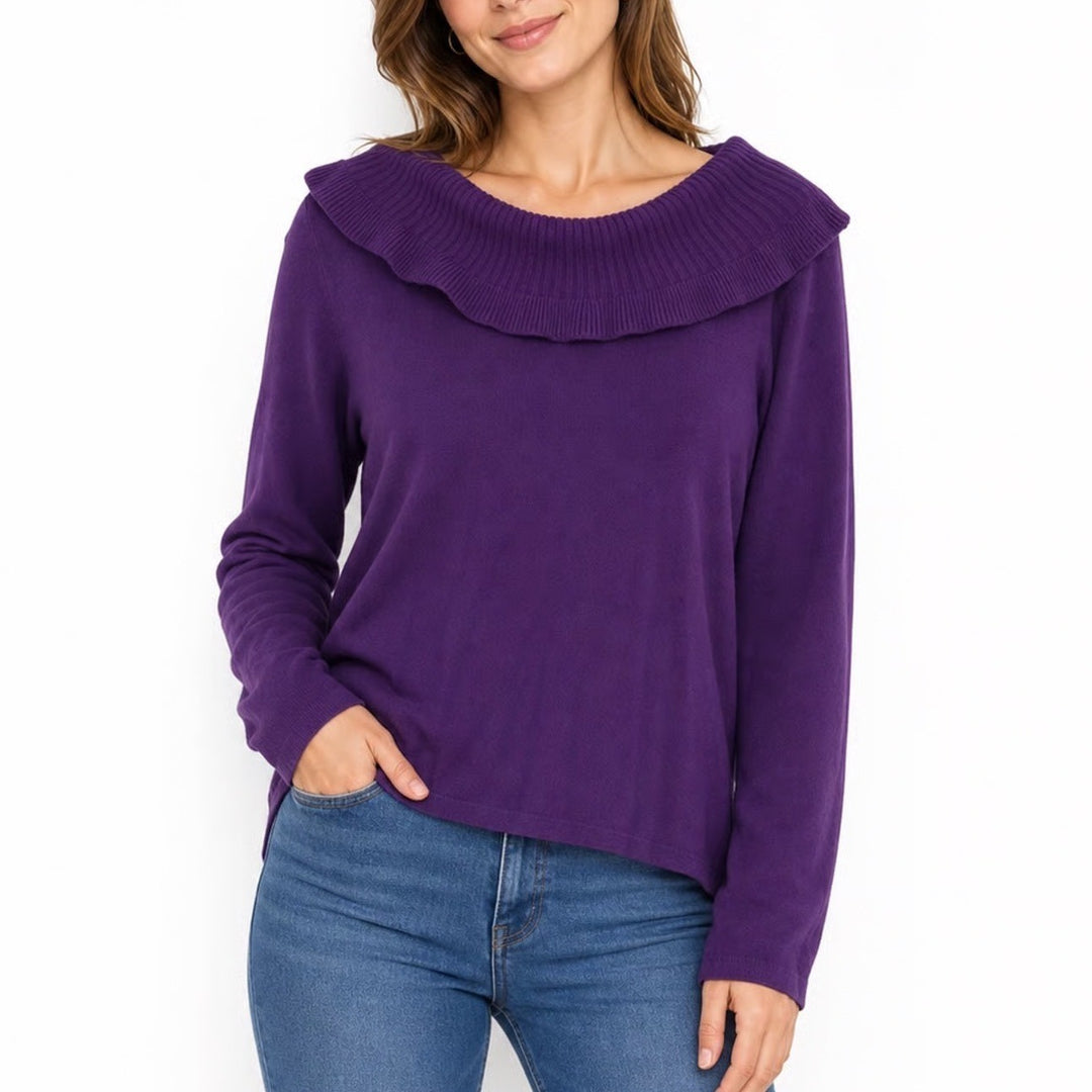 Rafaella Womens Purple Ruffle Portrait Collar Long Sleeve Rib Knit Top Large