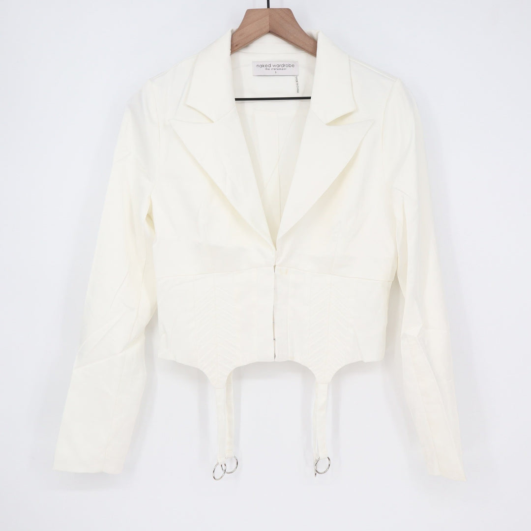 Naked Wardrobe The Statement White Cropped Garter Blazer Small