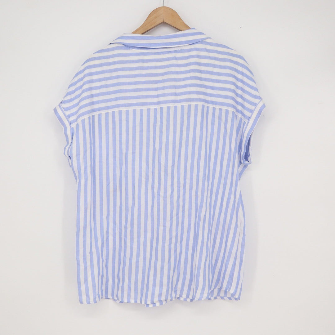 Gap Womens Blue White Striped Short Sleeve V-Neck Blouse Relaxed Fit Large