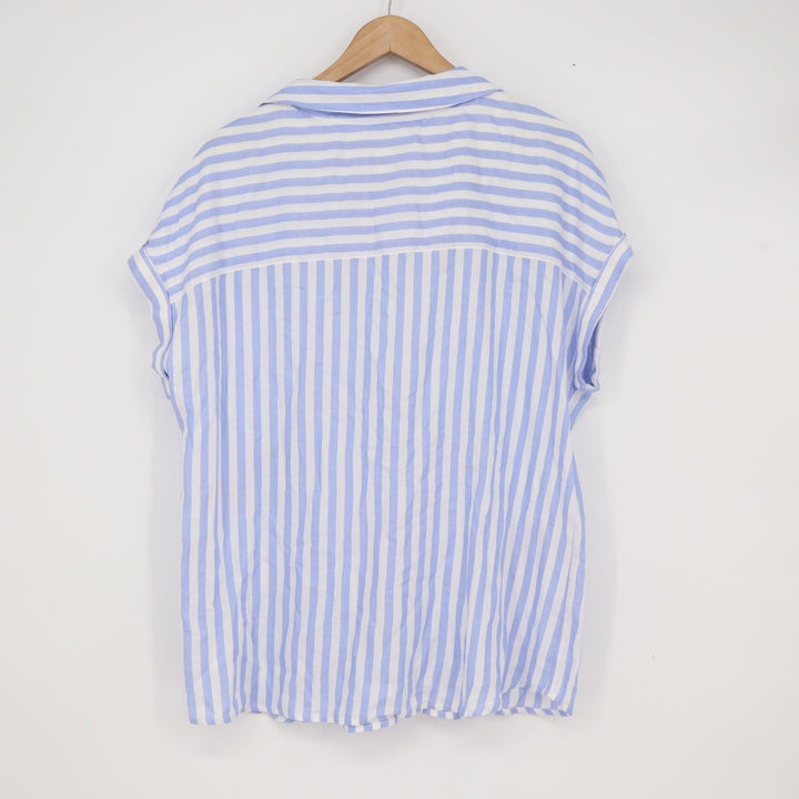 Gap Womens Blue White Striped Short Sleeve V-Neck Blouse Relaxed Fit Large