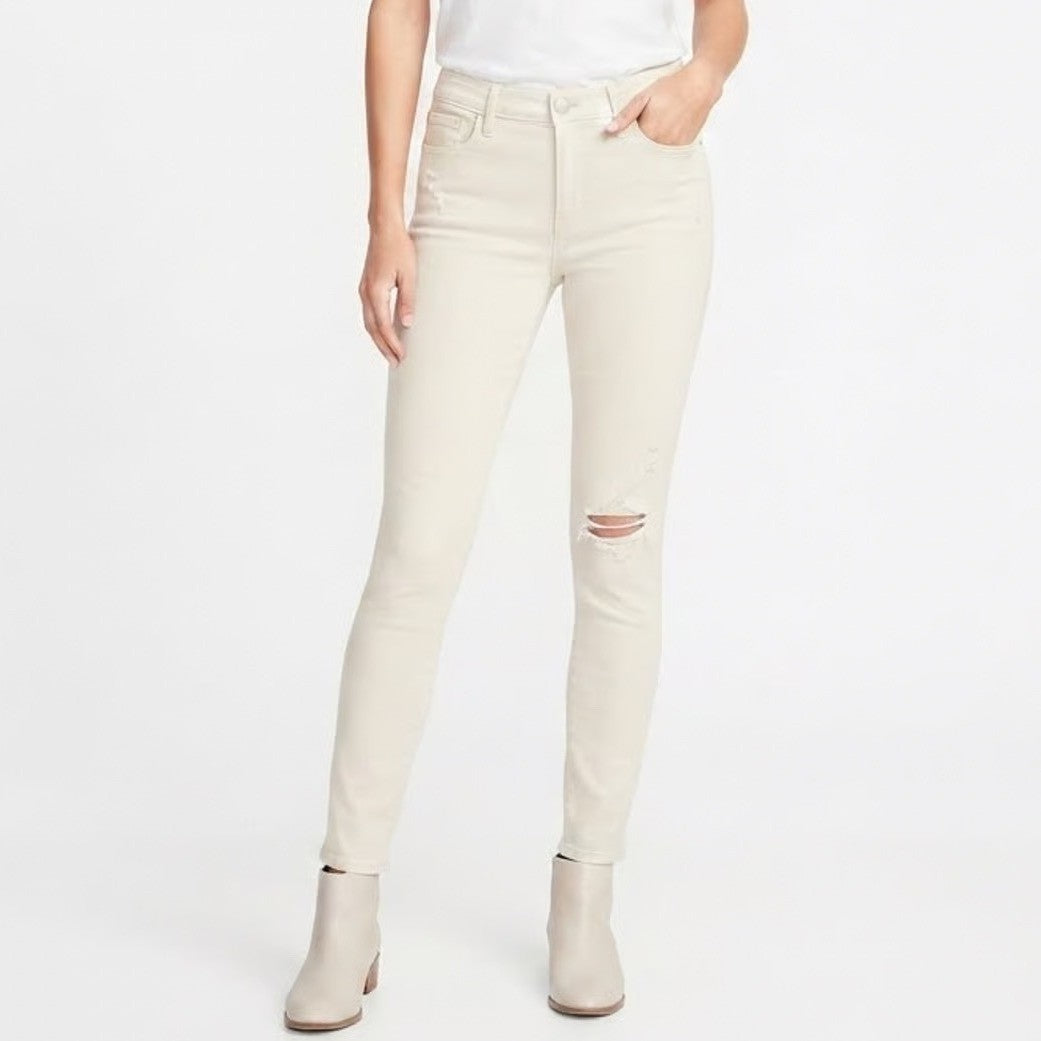 Old Navy Rockstar Mid-Rise Skinny Jeans Off-White Distressed Raw Hem Size 10