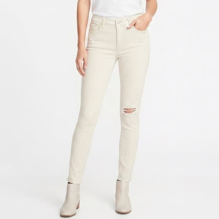 Old Navy Rockstar Mid-Rise Skinny Jeans Off-White Distressed Raw Hem Size 10