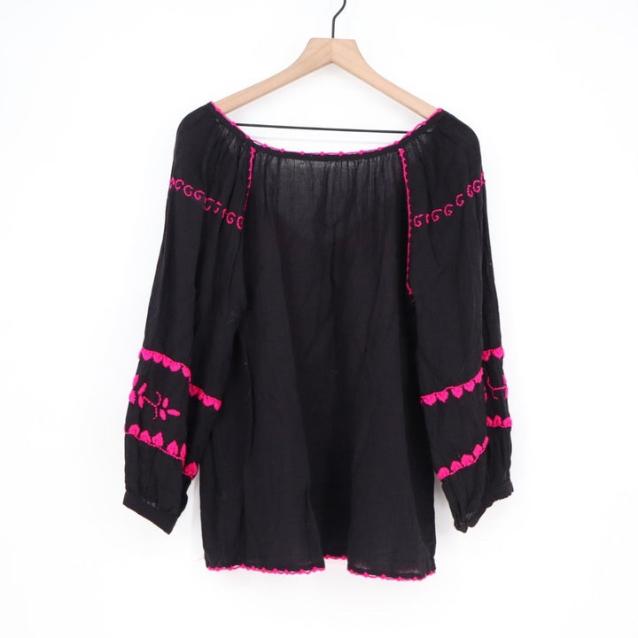 Black Embroidered Tassel Boho Blouse Long Sleeve Cotton