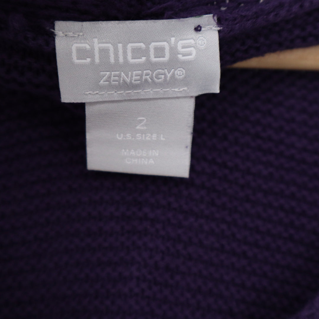Chico's Zenergy Purple V-Neck Chevron Cable Knit Cashmere Blend Sweater Size 2 L