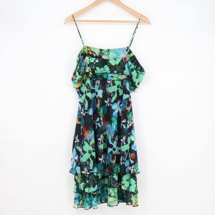 Thalia Sodi Womens Floral Tiered Ruffle Mini Dress Green Blue Black Large