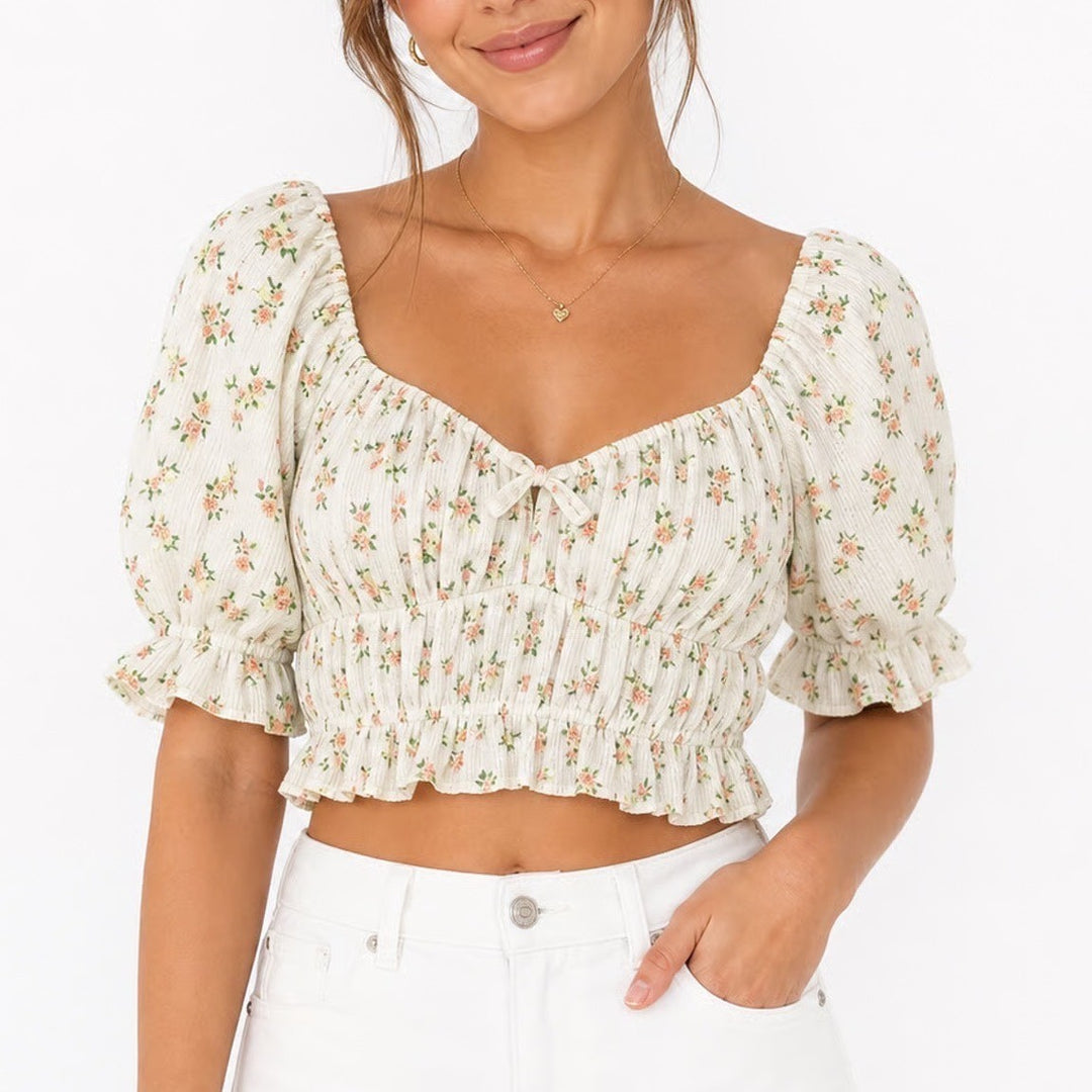 For Love & Lemons Floral Pointelle Puff Sleeve Crop Top Cream L
