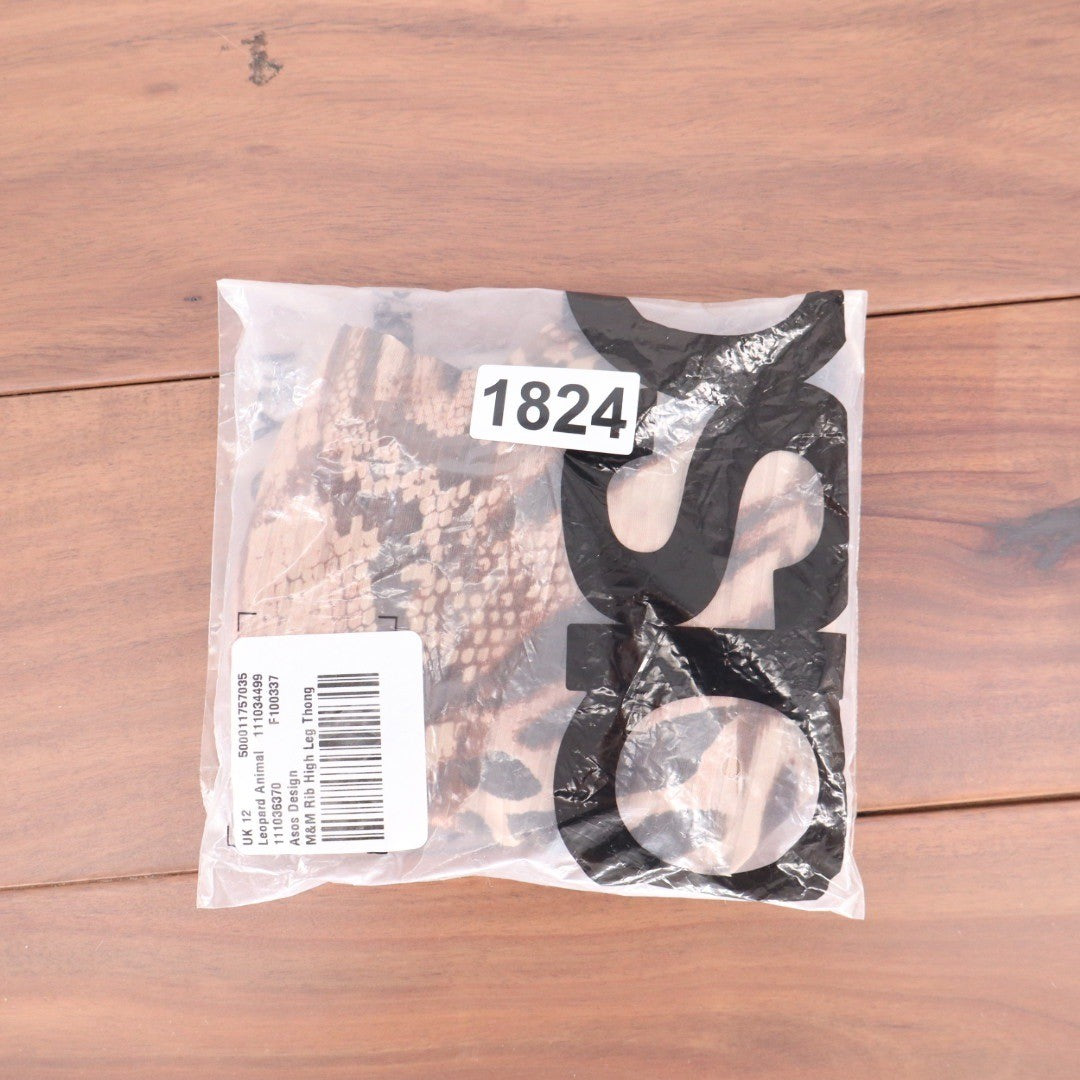 ASOS Design Leopard Animal Print Rib High Leg Thong Panty UK 12 US 8
