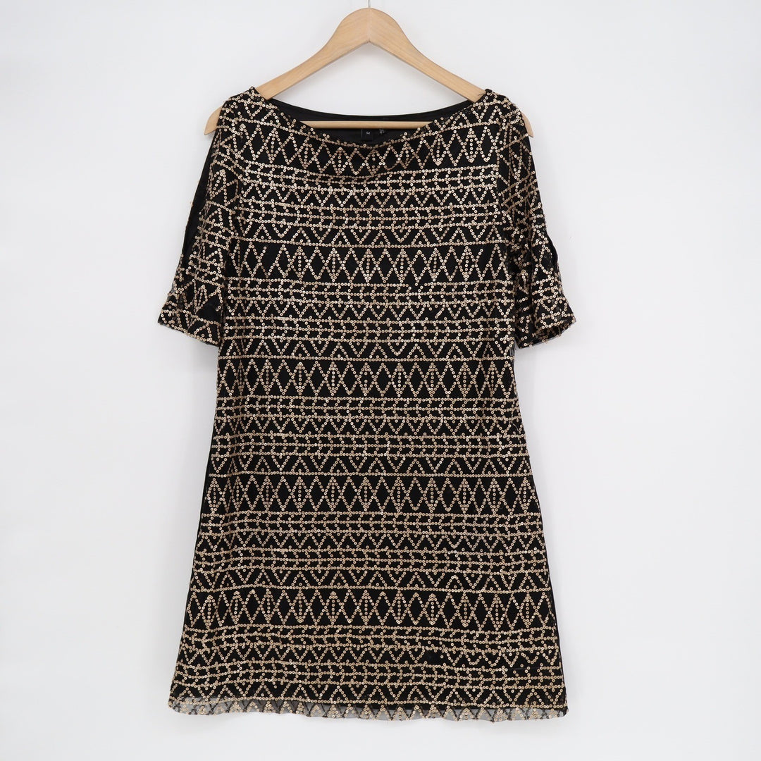 Peppe Peluso Black Gold Sequin Cold Shoulder Shift Dress Size M Geometric DVB981