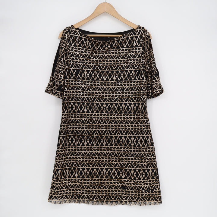 Peppe Peluso Black Gold Sequin Cold Shoulder Shift Dress Size M Geometric DVB981
