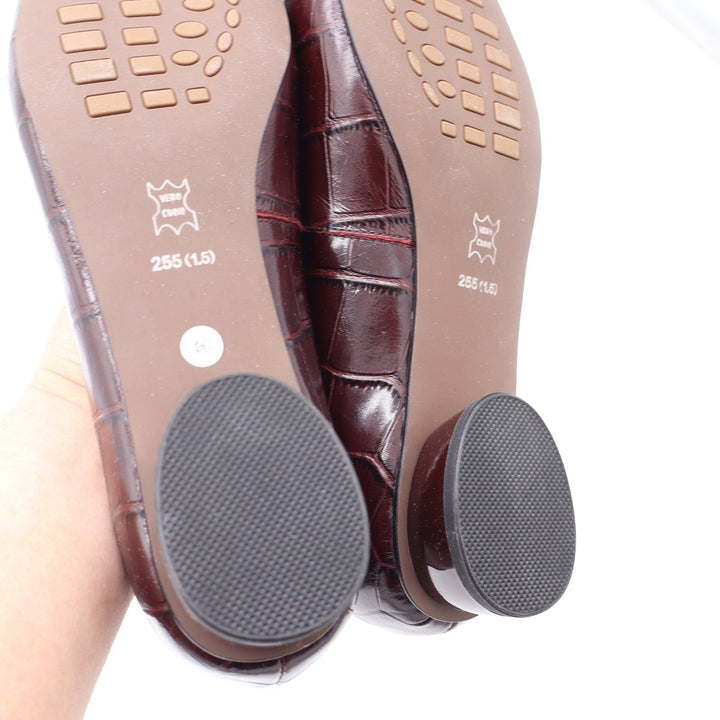 Vero Cuoio Burgundy Croc Embossed Leather Square Toe Buckle Low Block Heel 8