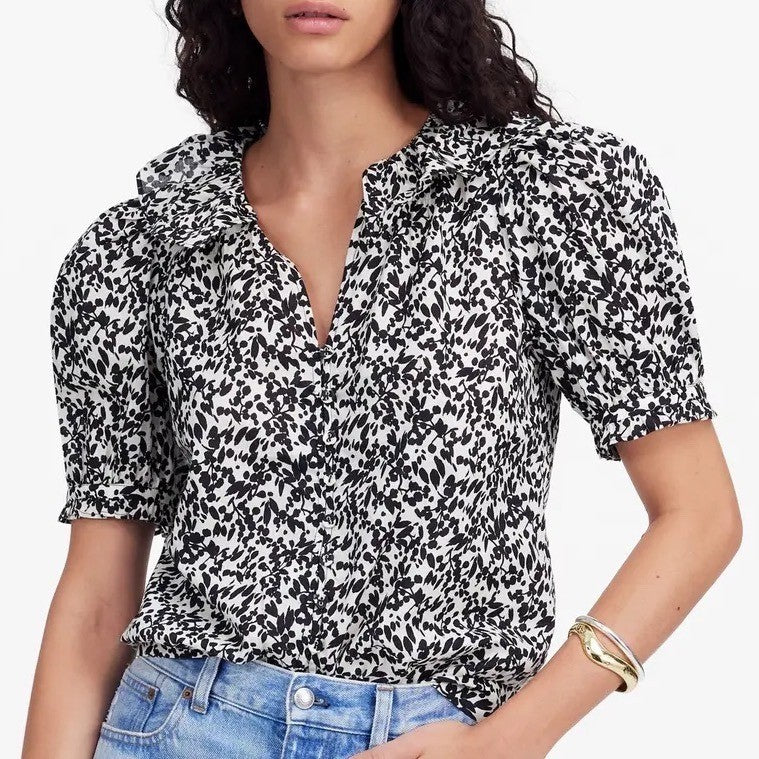 Madewell Top Womens Small Black White Floral Ruffled Button Front Puff Sleeve
