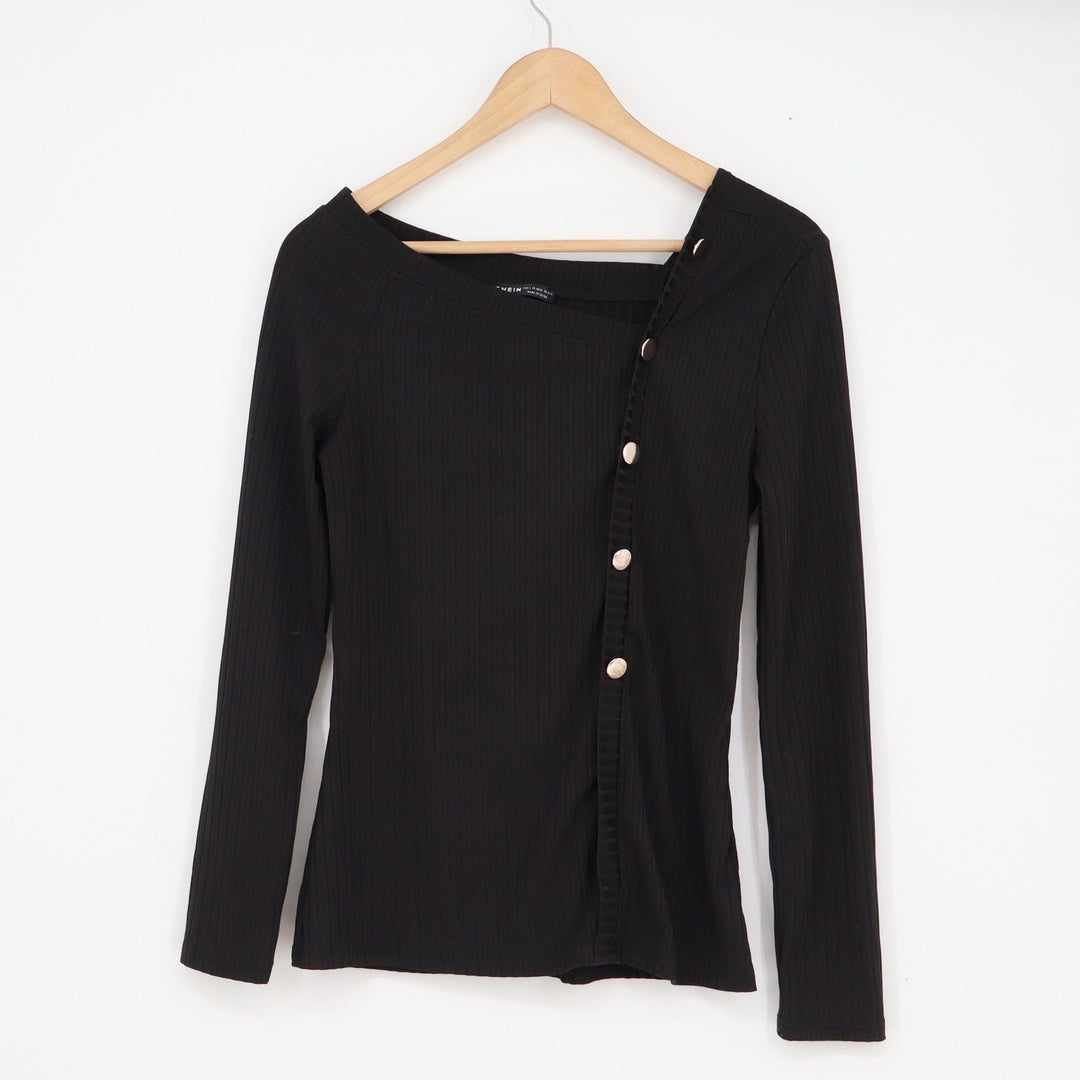 SHEIN Womens Black Asymmetrical Ribbed Long Sleeve Button Detail Top Size 8/10 L