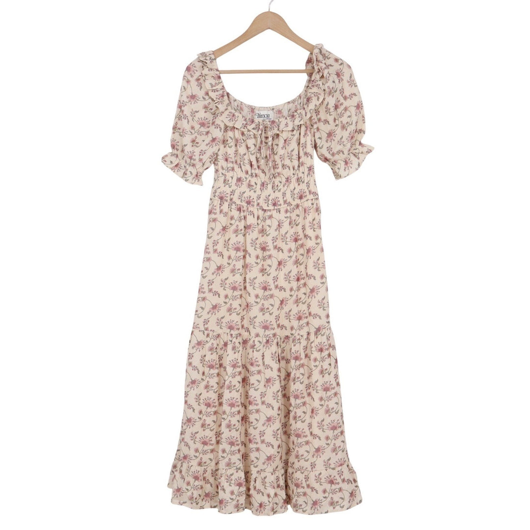 Trixxi Los Angeles Floral Smocked Midi Dress Cream Pink XS Peasant