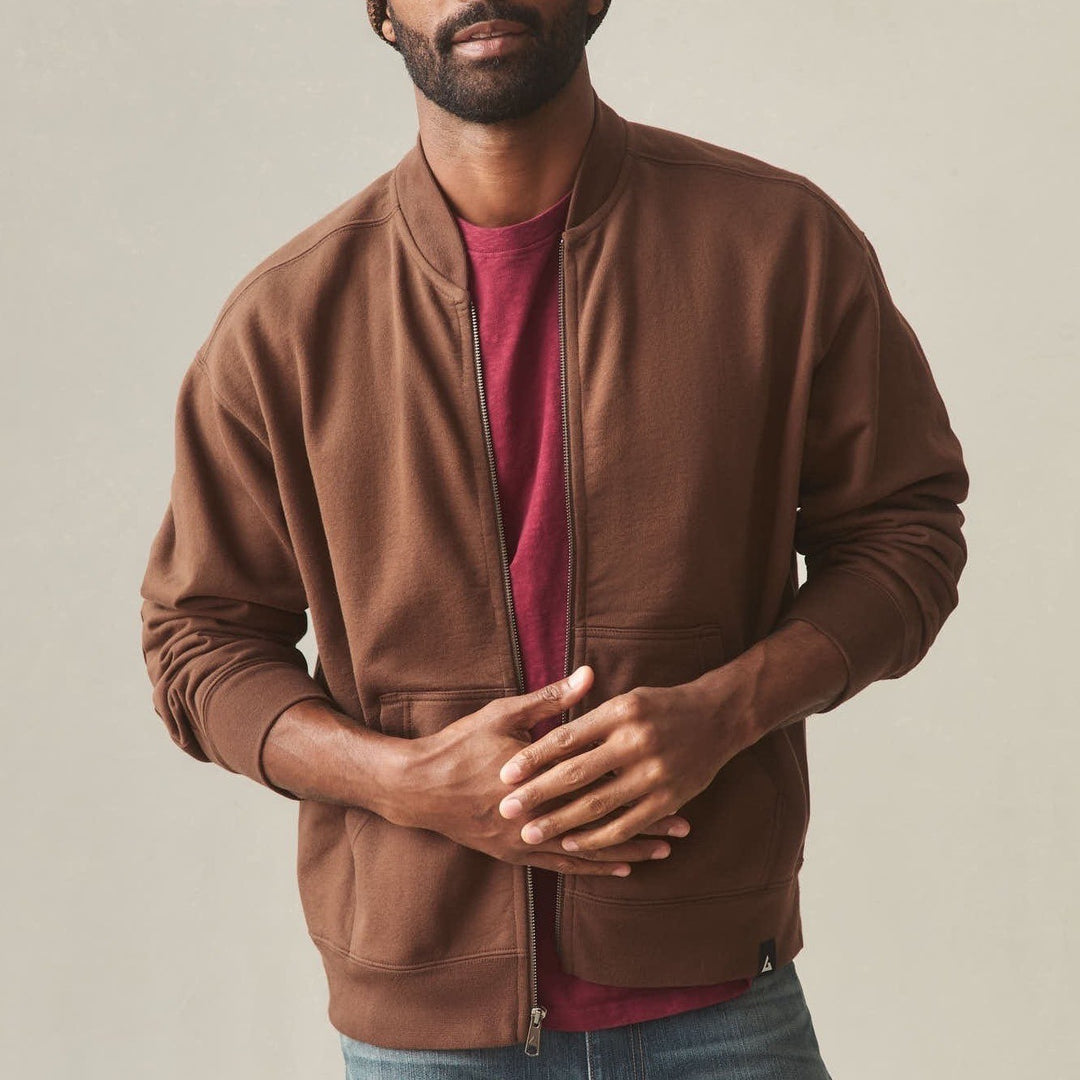 American Giant Fleece Bomber Jacket Mens Large Cocoa Cotton Relaxed Fit Full Zip