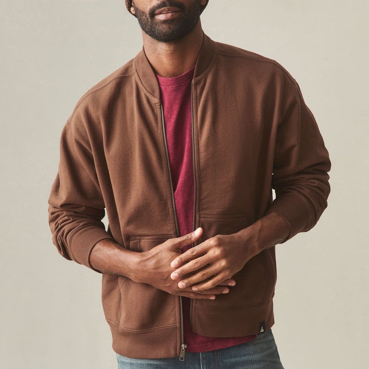 American Giant Fleece Bomber Jacket Mens Large Cocoa Cotton Relaxed Fit Full Zip