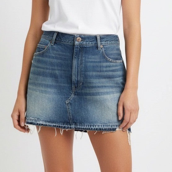 Madewell's Postage Stamp Denim Mini Skirt Womens 32 Blue Cotton Comfy Distressed
