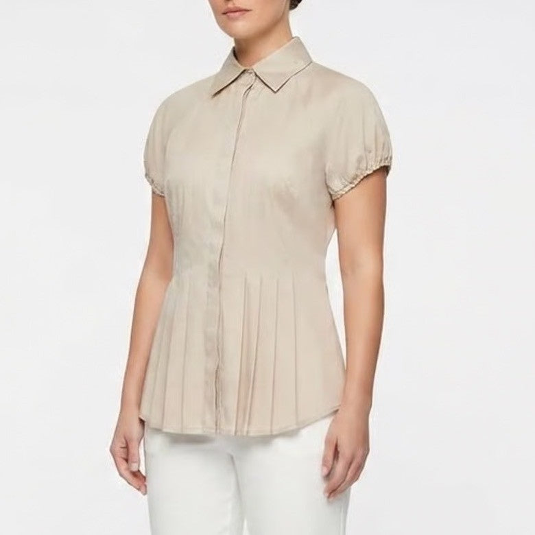 BCBGMAXAZRIA Womens XS Champagne Beige Pleated Short Sleeve Button Up Blouse