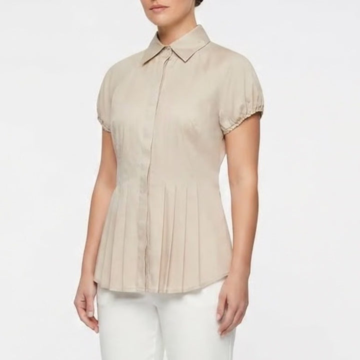 BCBGMAXAZRIA Womens XS Champagne Beige Pleated Short Sleeve Button Up Blouse