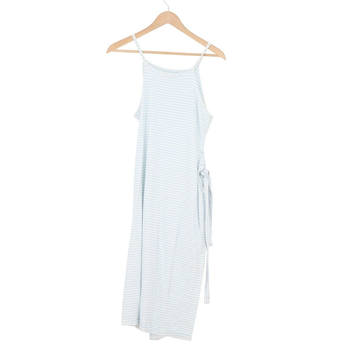 Chic Style Blue White Striped Wrap Midi Dress Sleeveless High Neck Large