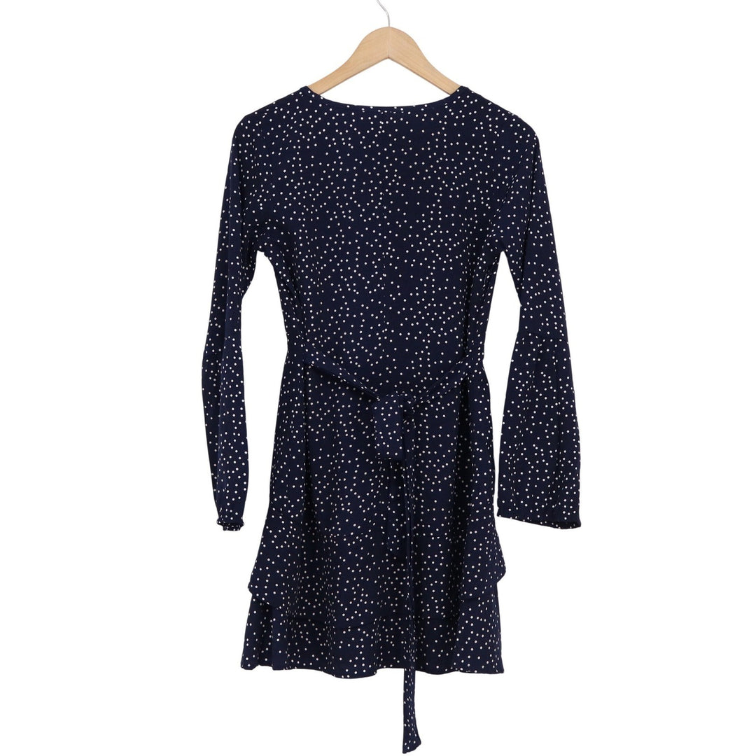 Navy Blue Polka Dot Wrap Mini Dress Long Bell Sleeve V-Neck Ruffle Tiered Size M