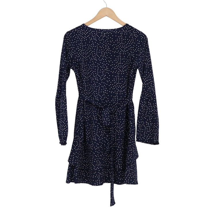 Navy Blue Polka Dot Wrap Mini Dress Long Bell Sleeve V-Neck Ruffle Tiered Size M