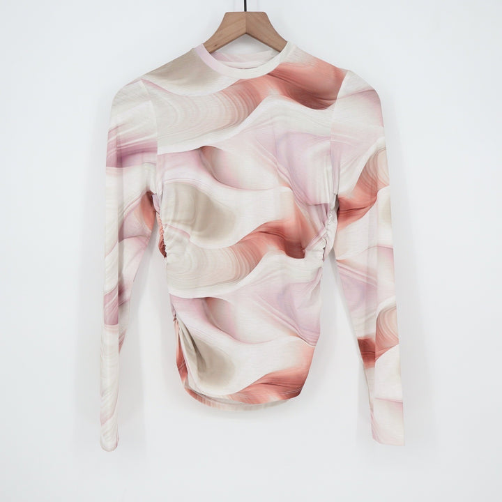 CALIA Tissue Texture LS Crew Dunes Coral Ruched Top XS