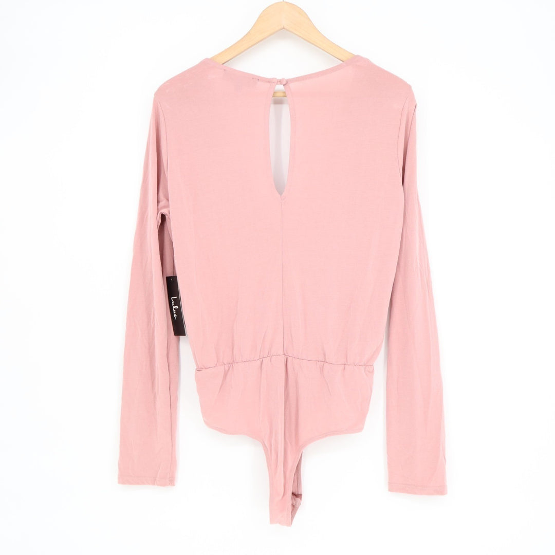 Lulus Striking Looks Bodysuit Women Medium Blush Pink Pleated V-Neck Long Sleeve
