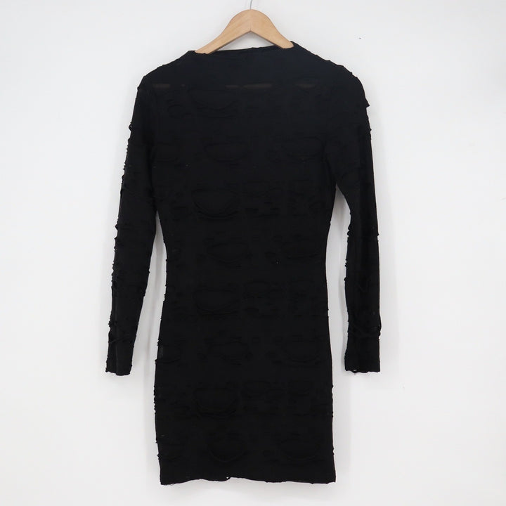 Black Distressed Shredded Long Sleeve Bodycon Mini Dress Small Edgy Grunge Goth