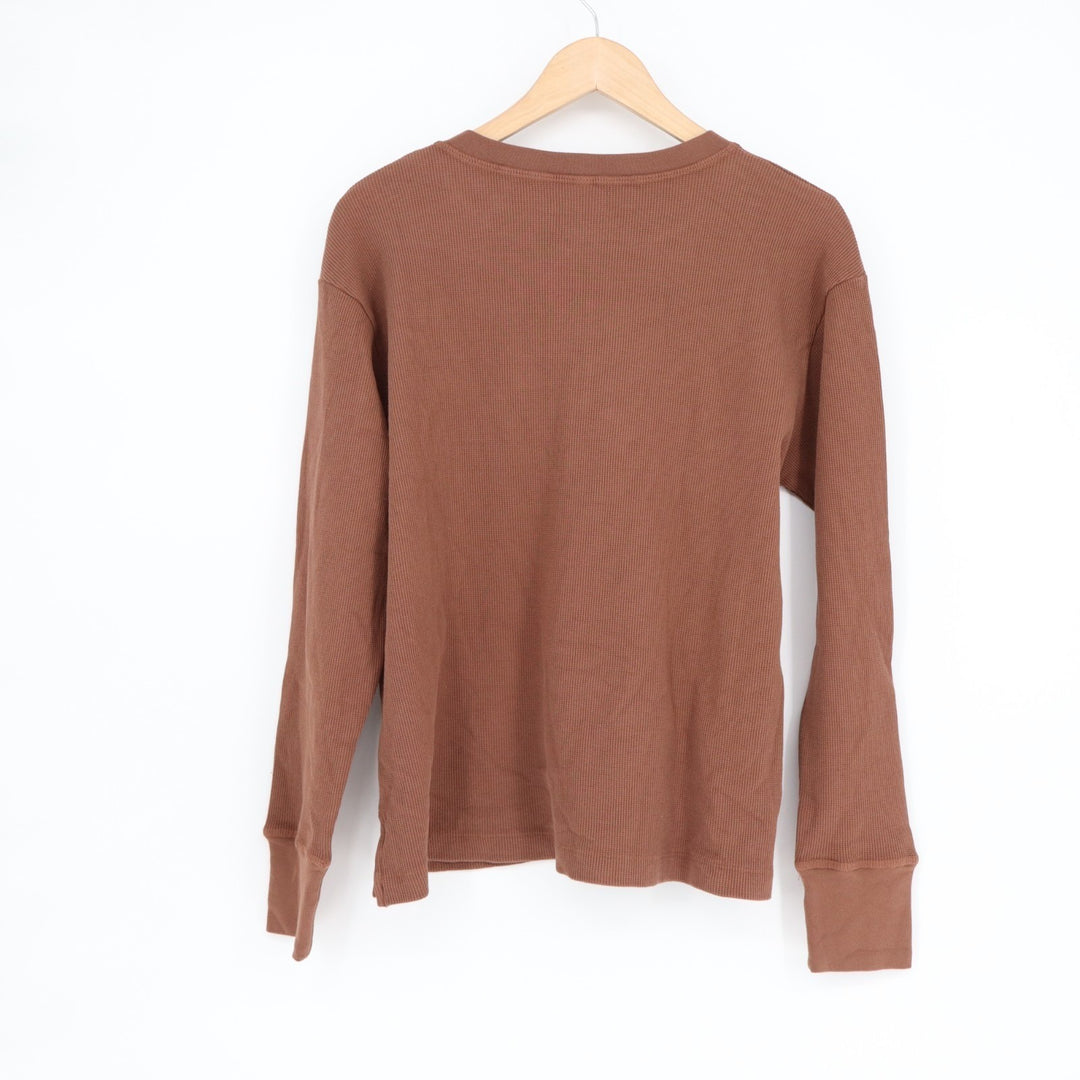 American Giant Thermal T-Shirt Womens Small Brown Cotton Waffle Knit Henley Neck