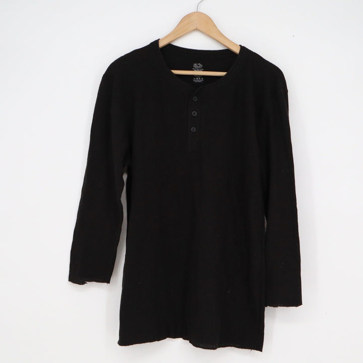 Fruit of the Loom Mens XL Black Waffle Knit Henley Long Sleeve Thermal Shirt
