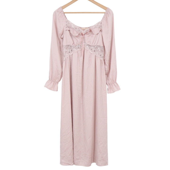 Hyz Pink Satin Lace Trim Maxi Dress Long Sleeve Romantic Coquette Size M
