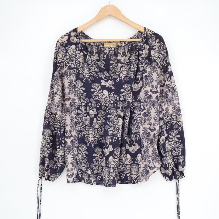 Princess Vera Wang Blouse Womens S Blue White Floral Stretch Pleated Split Neck