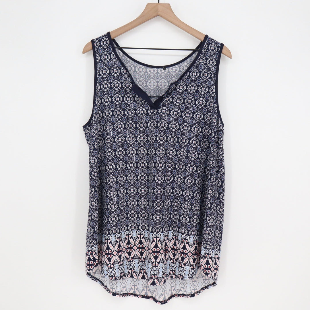 Boho Geometric Medallion Print Sleeveless Tank Top Navy Pink Plus Size 1X