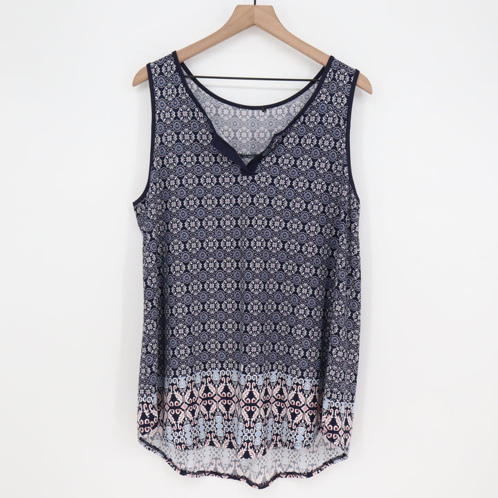 Boho Geometric Medallion Print Sleeveless Tank Top Navy Pink Plus Size 1X