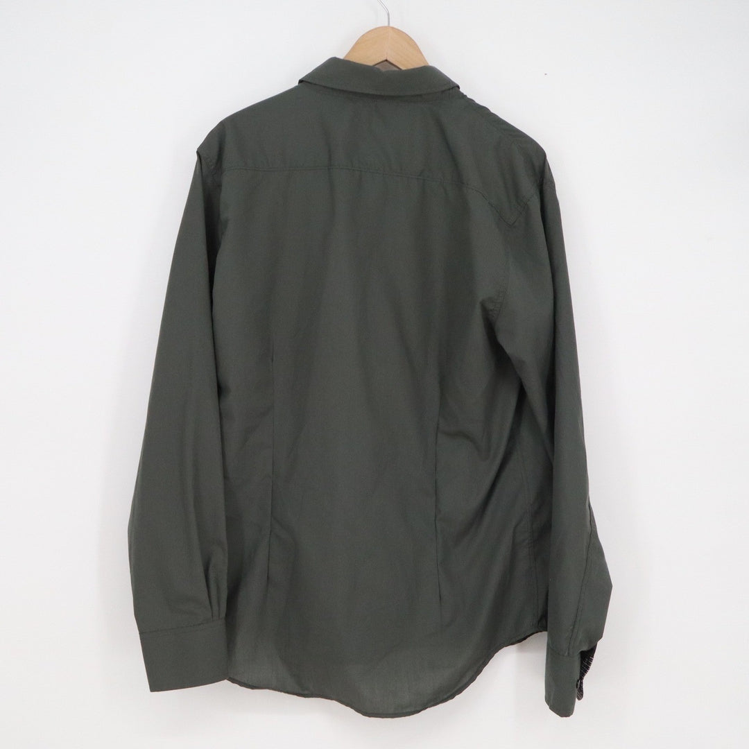 No Retreat Mens Large Olive Green Long Sleeve Button Down Shirt Solid Casual L