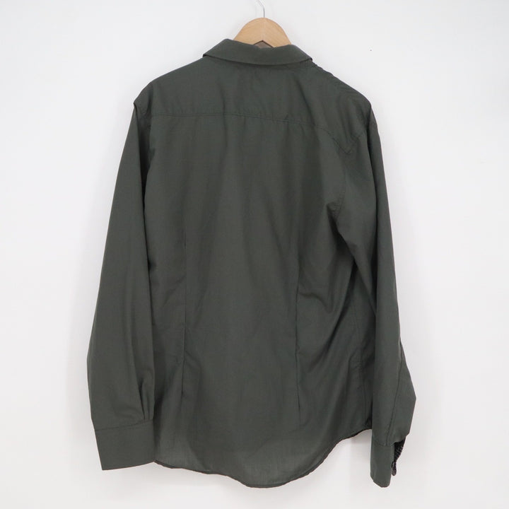 No Retreat Mens Large Olive Green Long Sleeve Button Down Shirt Solid Casual L
